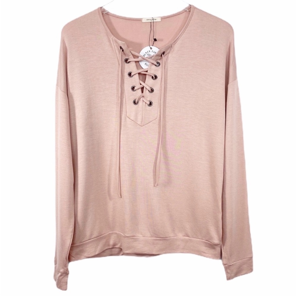 12 PM BY MON AMI lace up long sleeve top  L pink - Picture 3 of 9